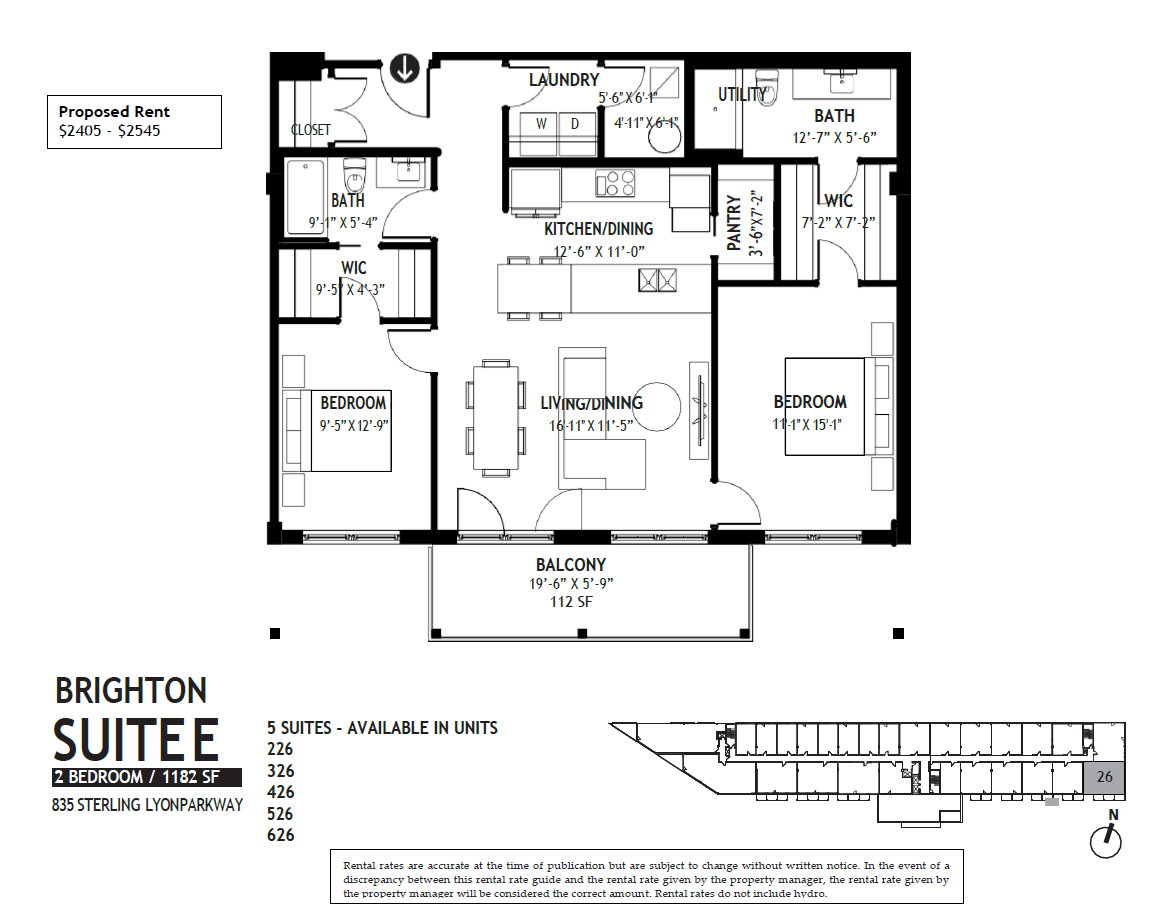 Floor plan for 2 beds, 2 baths, 1182 sqft